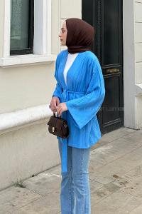 Lamelif Krinkıl Tesettür Kimono Mavi