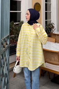 Lamelif Oversize Çizgi Detaylı Gömlek Sarı