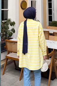 Lamelif Oversize Çizgi Detaylı Gömlek Sarı