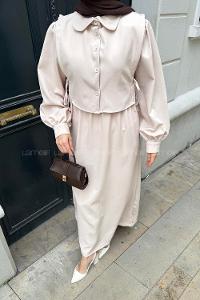 Lamelif Belden Lastikli Yelekli Elbise Bej