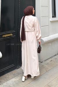 Lamelif Belden Lastikli Yelekli Elbise Bej