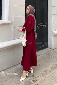 Lamelif Belden Lastikli Yelekli Elbise Bordo