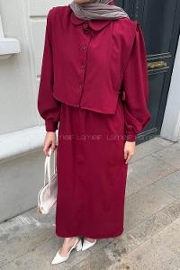 Lamelif Belden Lastikli Yelekli Elbise Bordo