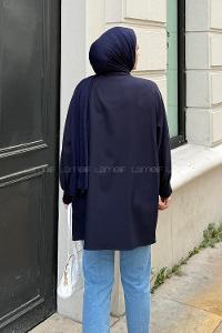 Lamelif Cep Detaylı Atlas Kimono Lacivert