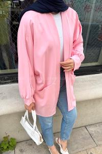 Lamelif Cep Detaylı Atlas Kimono Pembe