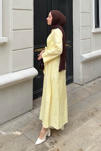 Lamelif Ön Bağlama Detaylı Tesettür Elbise Soft Sarı