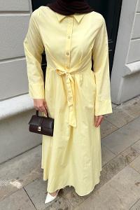 Lamelif Ön Bağlama Detaylı Tesettür Elbise Soft Sarı