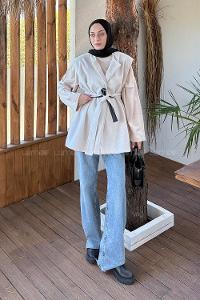 Lamelif Bağlamalı Kaşe Yelek Taş Rengi