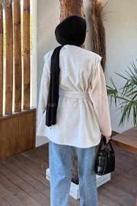 Lamelif Bağlamalı Kaşe Yelek Taş Rengi