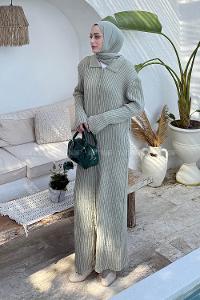 Lamelif Fitilli Triko Elbise Haki