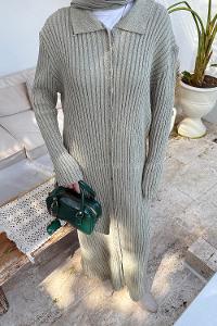 Lamelif Fitilli Triko Elbise Haki