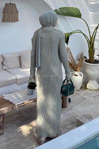 Lamelif Fitilli Triko Elbise Haki