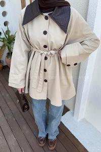 Lamelif Garni Yaka Trençkot Bej