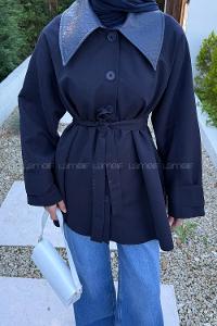 Lamelif Garni Yaka Trençkot Lacivert