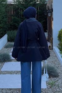 Lamelif Garni Yaka Trençkot Lacivert