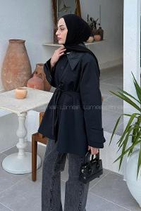 Lamelif Garni Yaka Trençkot Siyah