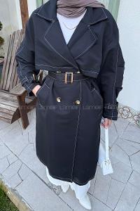 Lamelif Kuşaklı Trençkot Siyah