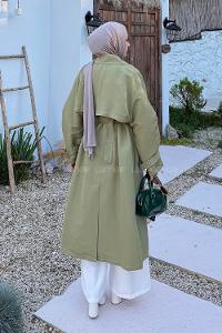 Lamelif Kuşaklı Trençkot Yeşil