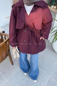 Lamelif Omuz Apoletli Kısa Trençkot Bordo