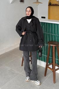 Lamelif Omuz Apoletli Kısa Trençkot Siyah