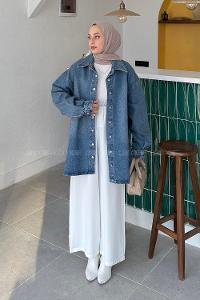 Lamelif Oversize Denim Gömlek Kot Mavisi