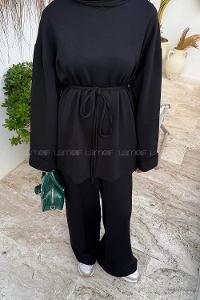 Black Crew Neck Long Arm Viscose Fabric Elastan Regular Trousers Comfortable Suit