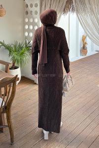 Lamelif Pelerin Yaka Triko Tesettür Elbise Acı Kahve