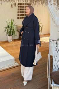 Lamelif Cep Yaka Trençkot Lacivert