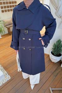 Lamelif Cep Yaka Trençkot Lacivert