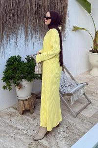 Lamelif Fitilli Triko Elbise Sarı