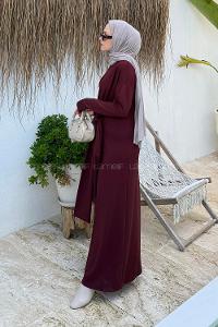 Claret Red Crew Neck Elastan Polyester Dresess