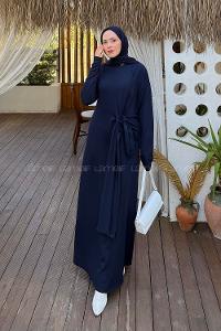 Navy Blue Crew Neck Elastan Polyester Dresess