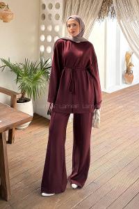 Claret Red Crew Neck Long Arm Viscose Fabric Elastan Regular Trousers Comfortable Suit
