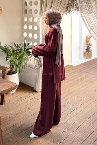Claret Red Crew Neck Long Arm Viscose Fabric Elastan Regular Trousers Comfortable Suit