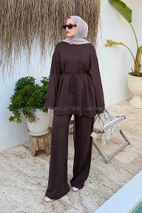 Brown Crew Neck Long Arm Viscose Fabric Elastan Regular Trousers Comfortable Suit