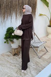 Brown Crew Neck Long Arm Viscose Fabric Elastan Regular Trousers Comfortable Suit