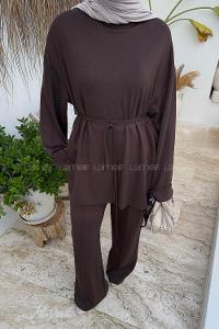 Brown Crew Neck Long Arm Viscose Fabric Elastan Regular Trousers Comfortable Suit