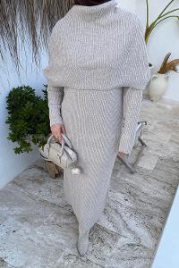 Lamelif Pelerin Yaka Triko Tesettür Elbise Soft Kahve