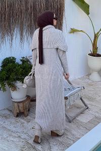 Lamelif Pelerin Yaka Triko Tesettür Elbise Soft Kahve