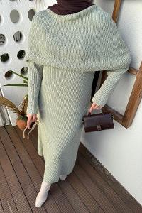 Lamelif Pelerin Yaka Triko Tesettür Elbise Yeşil