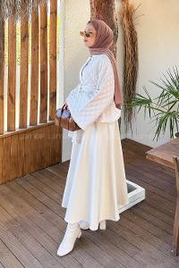 Beige Crew Neck Long Arm Polyester Flared Skirt Suit