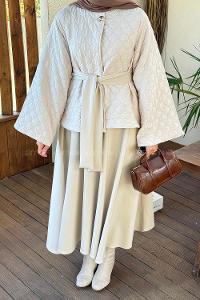 Beige Crew Neck Long Arm Polyester Flared Skirt Suit