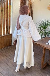 Beige Crew Neck Long Arm Polyester Flared Skirt Suit