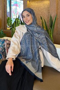 Midnight Blue Cotton Fabric Cashmere Striped Printed Shawl