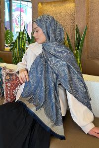 Midnight Blue Cotton Fabric Cashmere Striped Printed Shawl