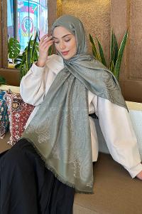 Lamelif Etnik Retro Desen Kaşmir Çift Taraflı Şal Haki