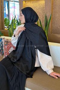 Lamelif Etnik Retro Desen Kaşmir Çift Taraflı Şal Siyah