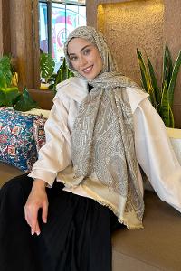 Lamelif Etnik Retro Desen Kaşmir Çift Taraflı Şal Soft Kahve Bej