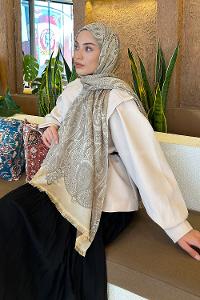 Lamelif Etnik Retro Desen Kaşmir Çift Taraflı Şal Soft Kahve Bej