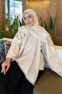 Lamelif Etnik Retro Desen Kaşmir Çift Taraflı Şal Vizon